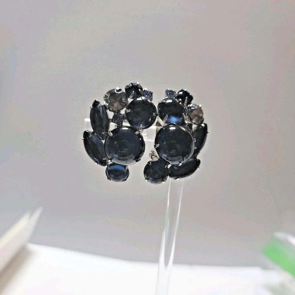Vintage Weiss Blue Cabochon Rhinestone Clip‎ On Earrings Womens Silver Tone